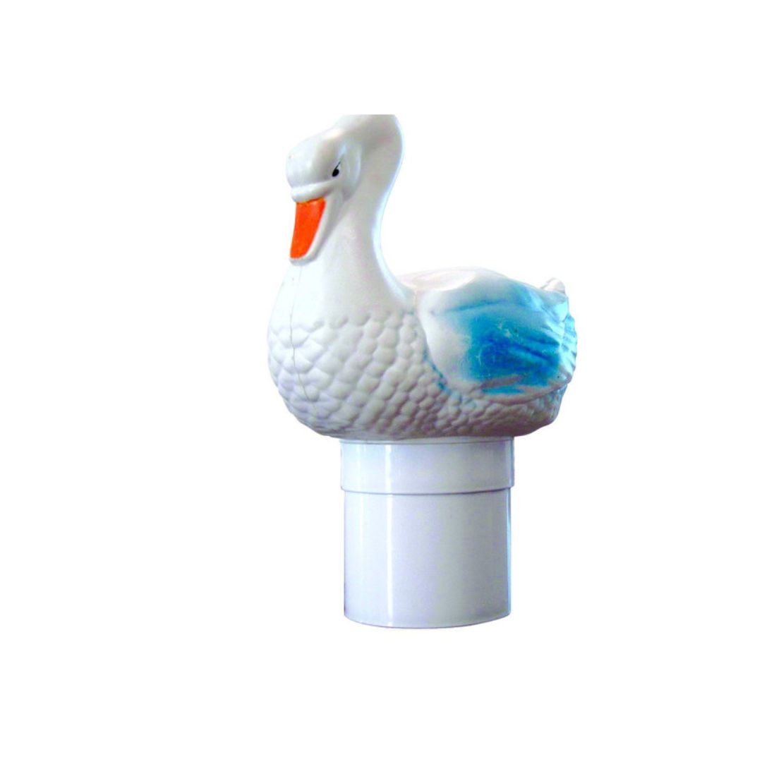 The Suzy Swan Floating Chlorinator by Swimming Pool Discounters is a white plastic bottle stopper shaped like a swan with an orange beak and blue wing accents, resembling a mini pool chlorinator and standing upright on a white background.
