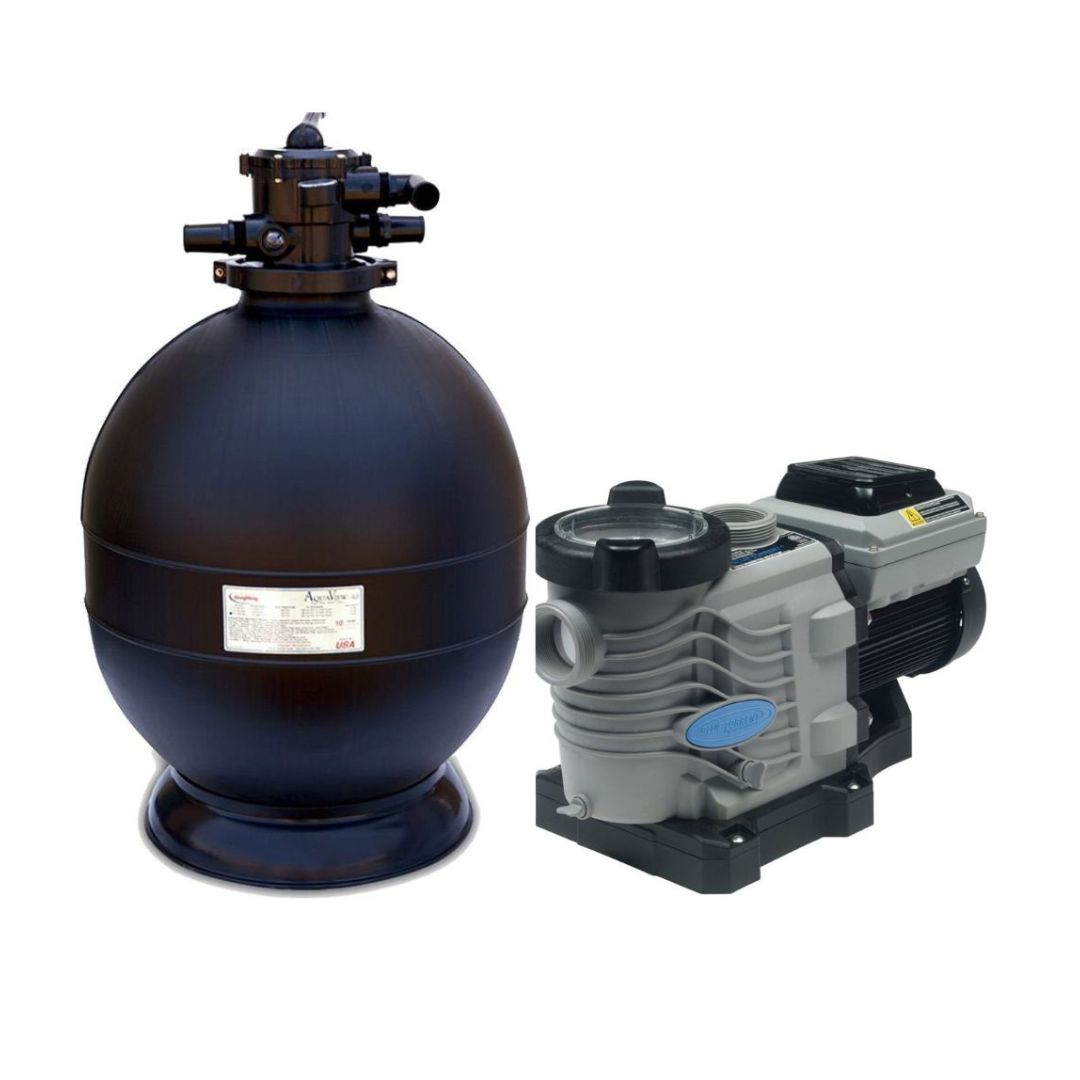 The SPD 20 in. Spectra Sand Filter with 2.0 HP Variable Speed Pump features a black, round polyethylene tank and gray-and-black pump for efficient pool filtration, all set against a white background.