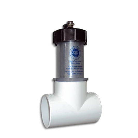The Swimming Pool Discounters Inline Anode for Corrosion Control is an inline gray and black device with white PVC fittings, designed for pool plumbing systems to help prevent galvanic corrosion.