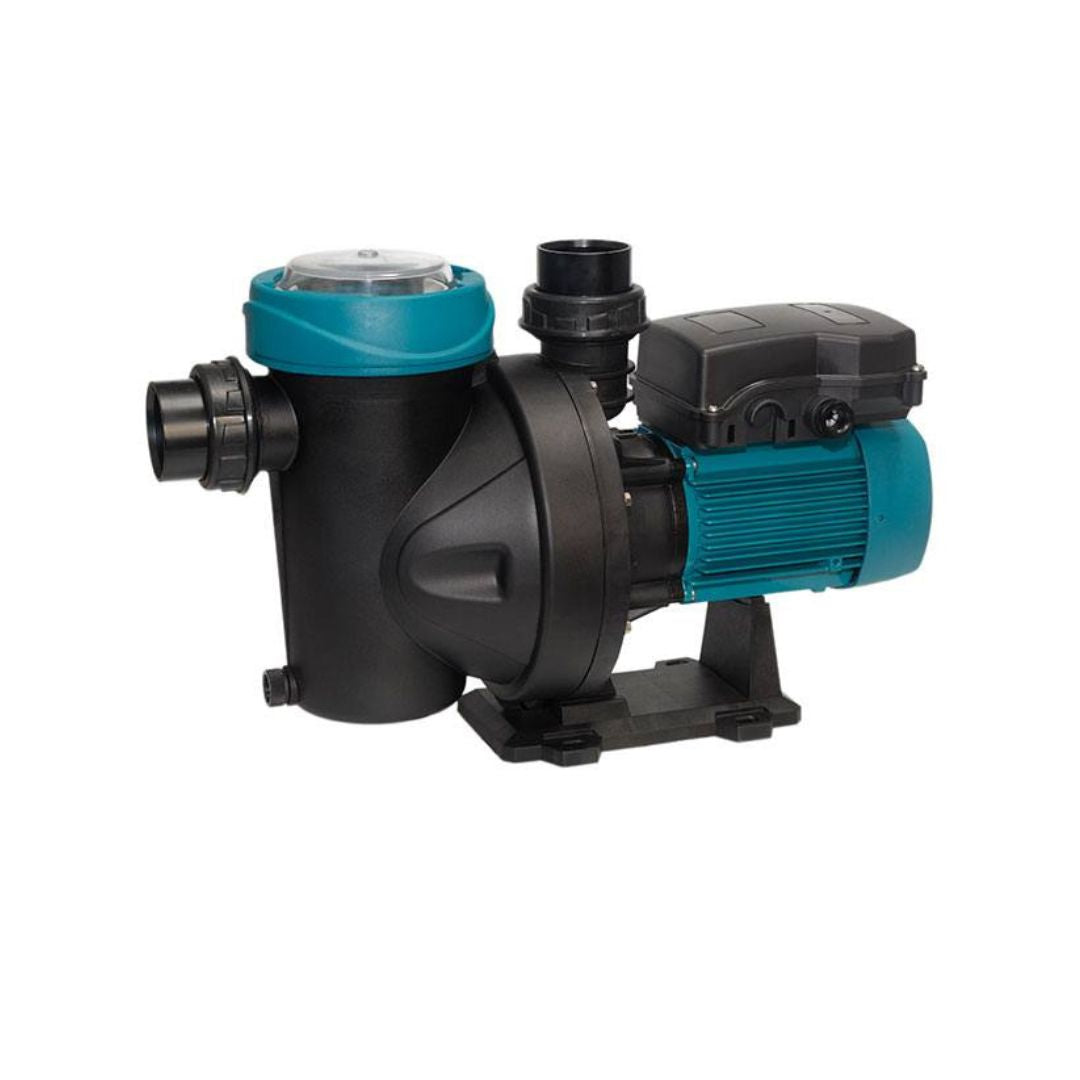 The Doughboy SilenI 1 - 1.5 HP Energy Saver Pump is a black and blue, energy-efficient pool pump featuring a cylindrical body, attached motor, transparent left-side lid, and pipe connectors for inlet and outlet.