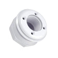 The Swimming Pool Discounters Return Fitting is a white plastic inlet with four screw holes, designed for plumbing or mounting in vinyl pools. Shown against a plain white background.