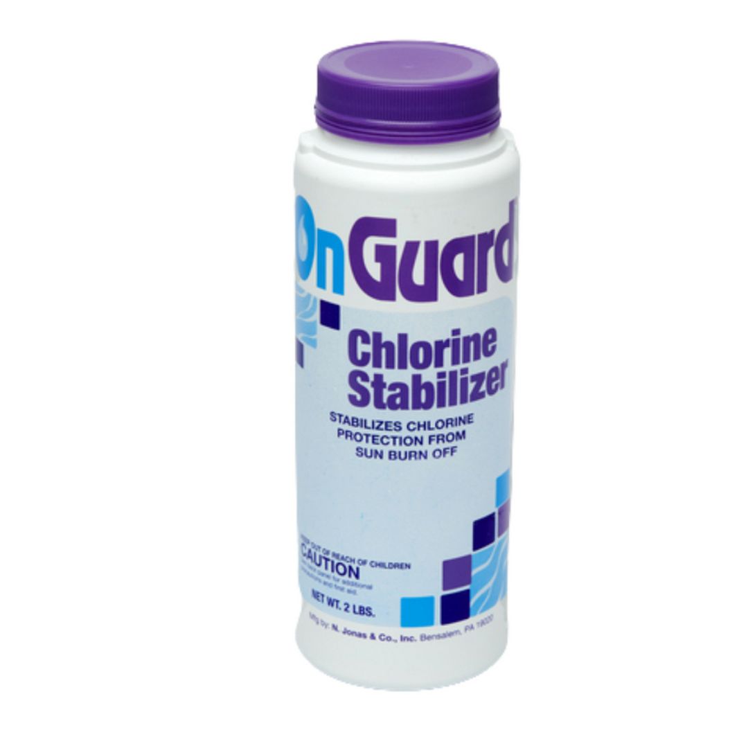 A white plastic container labeled SPD On Guard Chlorine Booster, featuring a purple cap and blue-purple text, provides chlorine protection for your swimming pool. The label displays safety and usage information.