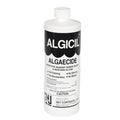A white bottle labeled SPD Algaecide 60 with black text promotes pool algae control, featuring a non-foaming algaecide formula and assuring no staining, discoloration, or metals.