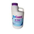 A white container with a purple cap labeled SPD On Guard pH Plus, a pool pH increaser for raising pool pH. The blue and white label has caution info, and the side handle ensures easy use for swimming pool chemical maintenance.