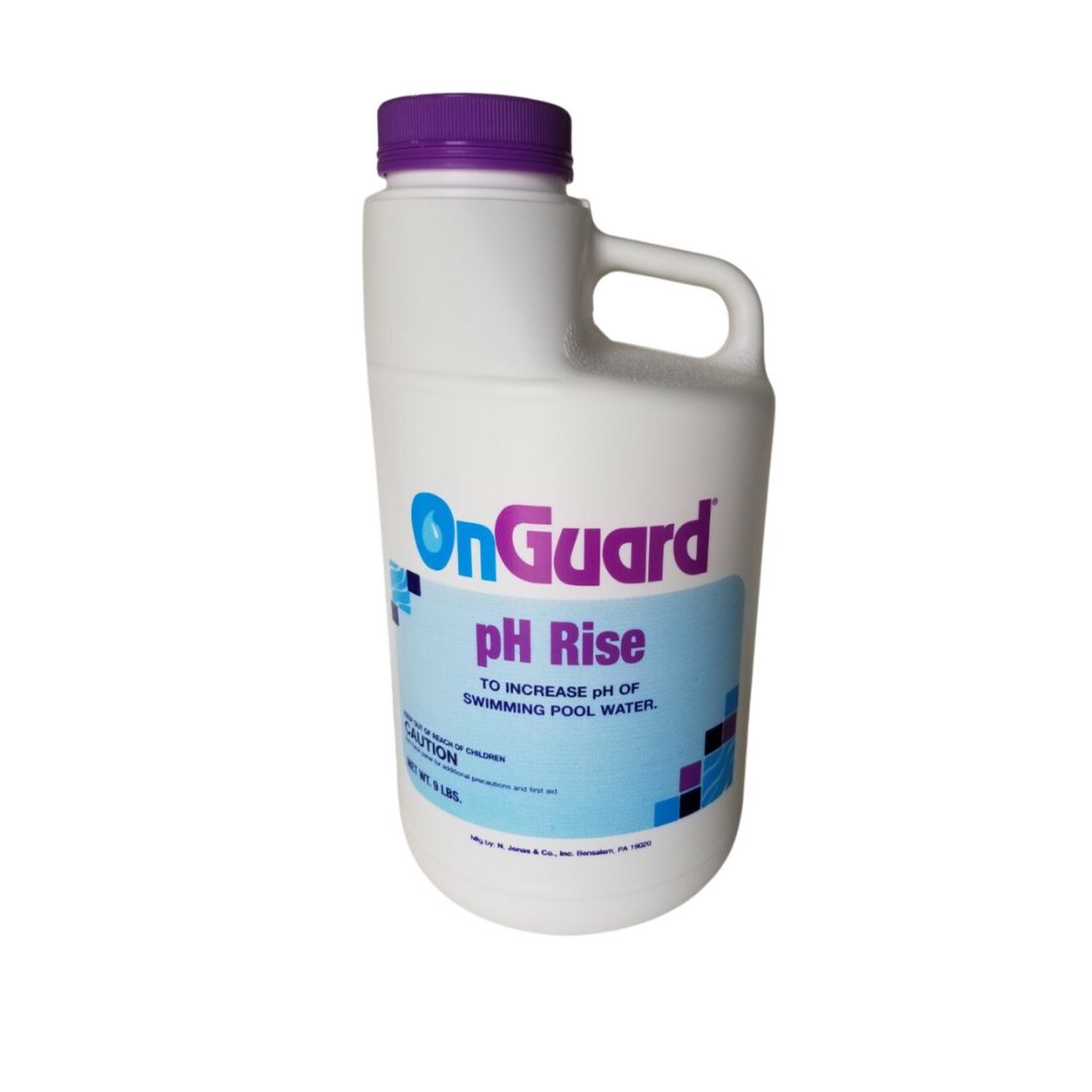 A white container with a purple cap labeled SPD On Guard pH Plus, a pool pH increaser for raising pool pH. The blue and white label has caution info, and the side handle ensures easy use for swimming pool chemical maintenance.