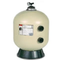 An almond, cylindrical SPD Pentair Sand Filter TR 60 (no valve) features a pressure gauge on top, two black side pipe connections, and a front label. This fiberglass-reinforced tank keeps in-ground pool water clean.