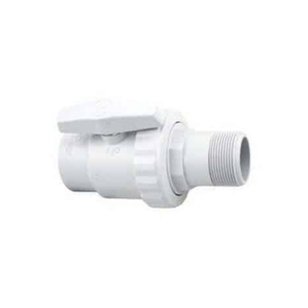 The Swimming Pool Discounters Threaded 2 Way Valve 1.5" is a white plastic valve with a lever handle, threaded end, and slip socket—ideal for plumbing, irrigation, or Hayward Perflex pool filter backwashing DE filters.