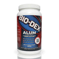 A 5 lb. white plastic bottle of SPD Bio-Dex ALUM pool treatment with a red, blue, and white label, QR code, and details. This alum water clarifier effectively clears cloudy swimming pool water.