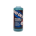 A quart bottle of SPD Bio-Dex Clarifier Enzyme features a blue cap and a red, blue, and black label detailing use instructions and its enzyme clarifier formula for clean pool water.