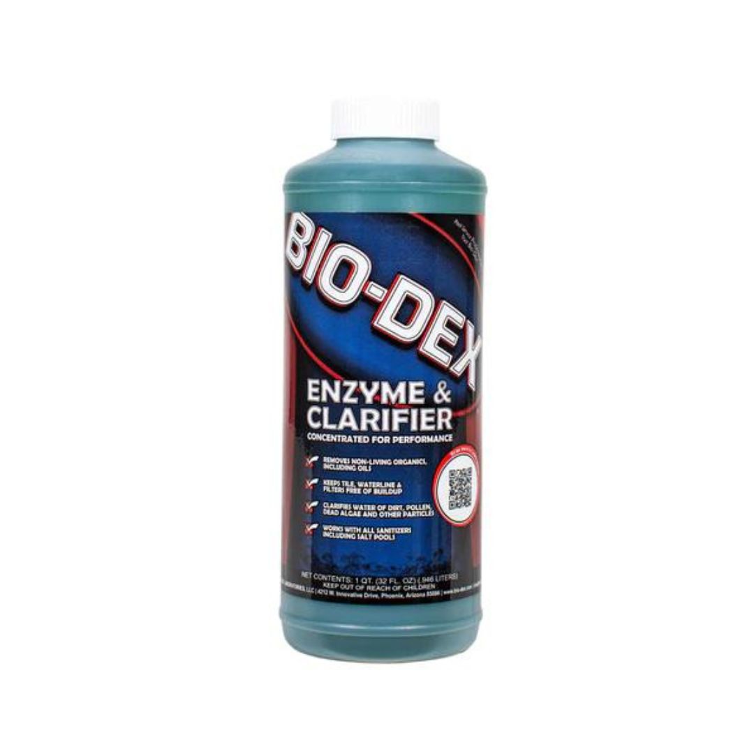 A quart bottle of SPD Bio-Dex Clarifier Enzyme features a blue cap and a red, blue, and black label detailing use instructions and its enzyme clarifier formula for clean pool water.