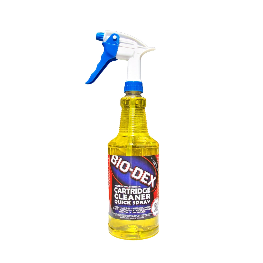 A yellow liquid cartridge cleaner in a clear spray bottle with a blue and white nozzle, labeled “SPD Bio-Dex Quick Spray Cartridge Cleaner” with red and blue design elements.