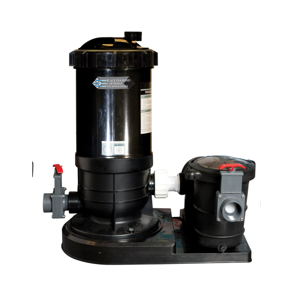 The SPD 150 sq. ft. Black Diamond Cartridge Filter System features a black, high-powered design with a 2-speed 1.5 HP Energy Saver Pump, cylindrical and box-shaped components, red-handled valves, and pipe connections on a white background.