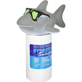 The Cool Shark Chlorine Dispenser by Swimming Pool Discounters features a gray shark with green sunglasses, adding fun to your pool while keeping chlorine tablets secure. Ideal for any pool, its playful design makes maintenance easy and enjoyable.