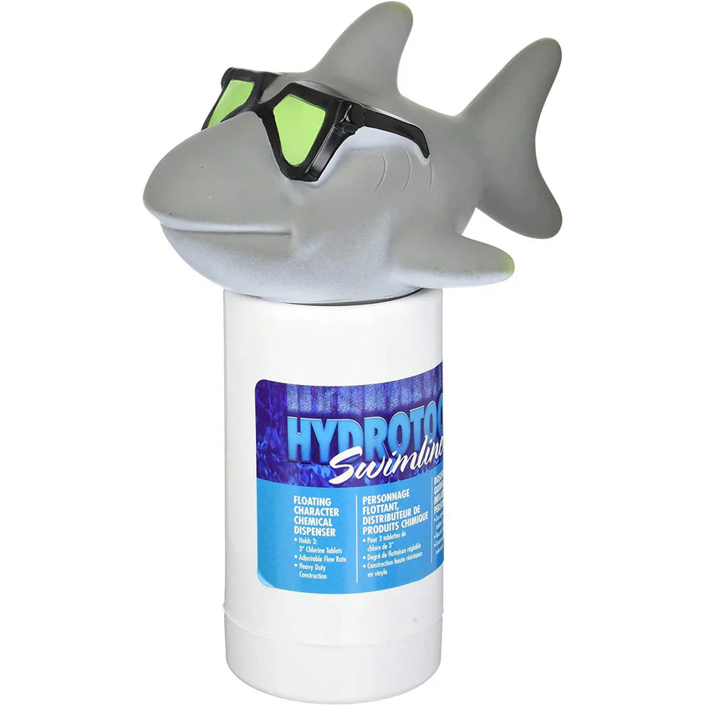 The Cool Shark Chlorine Dispenser by Swimming Pool Discounters features a gray shark with green sunglasses, adding fun to your pool while keeping chlorine tablets secure. Ideal for any pool, its playful design makes maintenance easy and enjoyable.