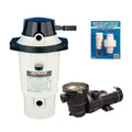 A white Perflex DE EC 40 Filter System with 1.5 HP Pump with Union from SwimmingPoolDiscounters, plus a package of universal self-aligning union replacement parts, are displayed against a white background.