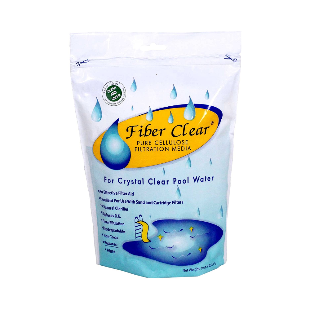 A white and blue SPD bag labeled Fiber Clear DE Pool Filter Media, ideal as a filter aid for pool sand filters. The 9 oz package features water droplets, product benefits, and a pool with a filter on the front.