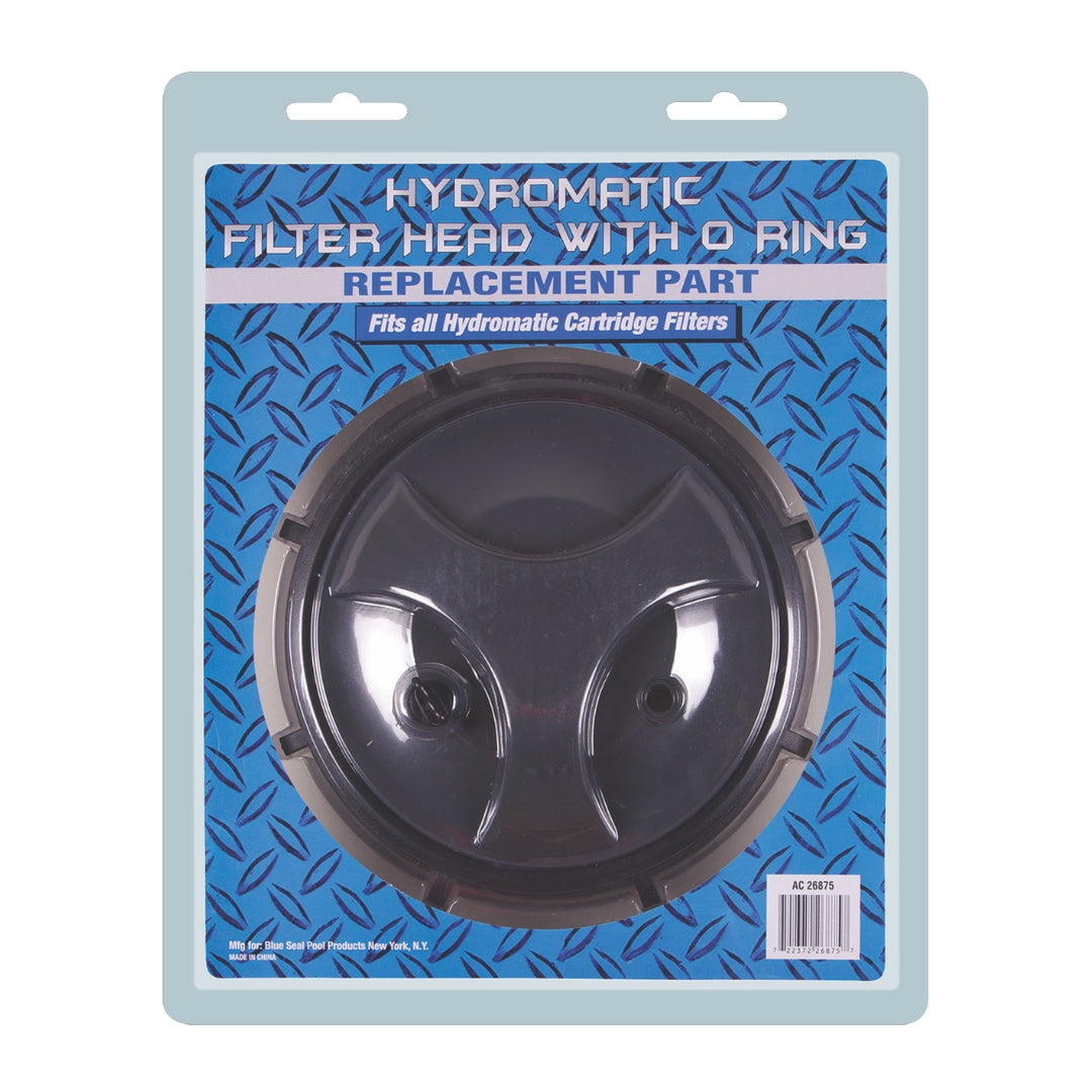 An SPD Hydromatic Cartridge Filter Lid with O-Ring, designed as a cartridge filter replacement for Hydromatic Cartridge Filters, is shown on a blue patterned background with white and blue text.