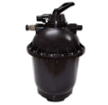 The Lomart Sequel 16" Diatomaceous Earth (DE) Filter is a black cylindrical pool filter with a V-Grid design, dome-shaped top, control lever, and multiple connection ports, shown isolated on a white background.