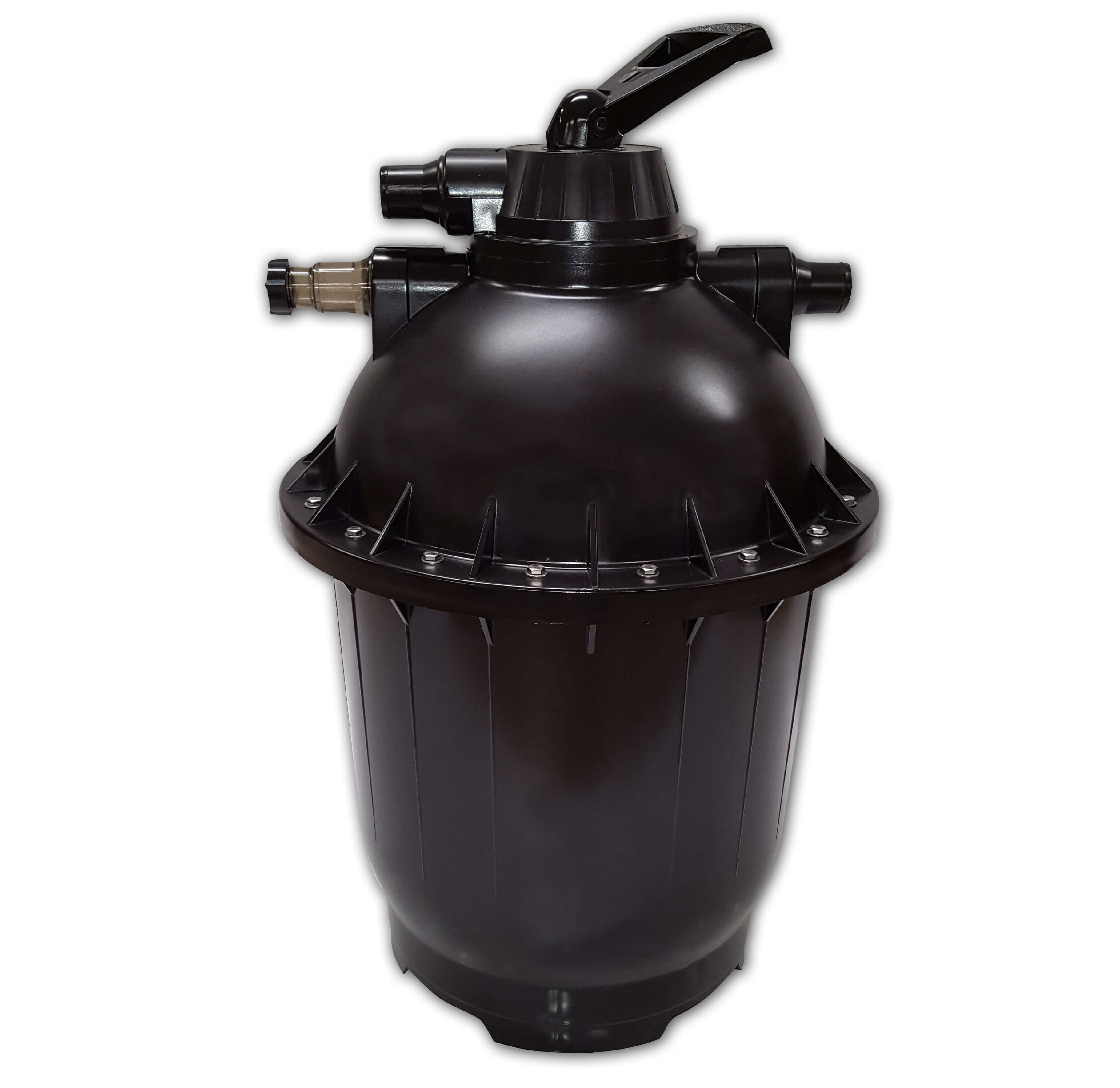 The Lomart Sequel 16" Diatomaceous Earth (DE) Filter is a black cylindrical pool filter with a V-Grid design, dome-shaped top, control lever, and multiple connection ports, shown isolated on a white background.