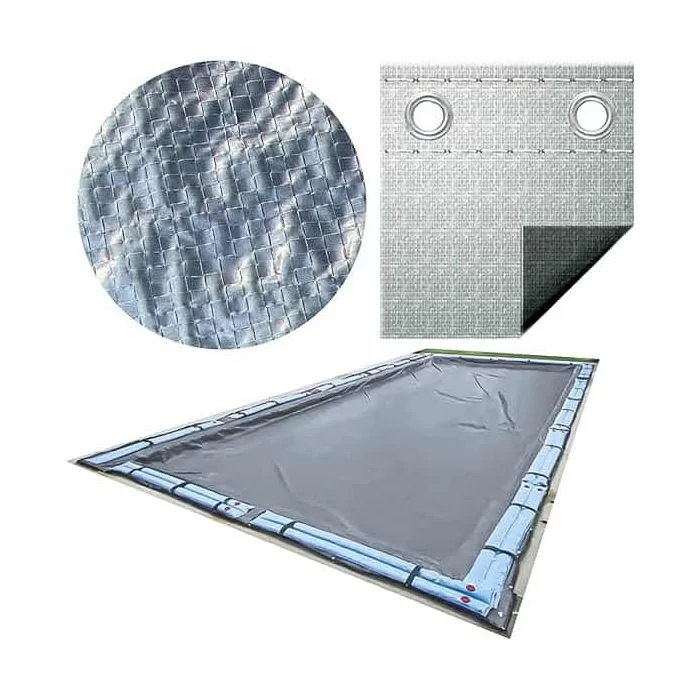 The Extreme In-Ground Winter Cover by SwimmingPoolDiscounters is a rectangular gray, tear-resistant pool cover with reinforced edges and metal grommets; features a close-up of the woven texture and a folded corner displaying both sides.