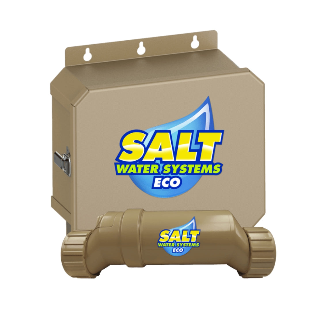 A tan SPD 30,000 Gallon Heavy Duty Inground Salt Chlorine Generator, featuring the SALT WATER SYSTEMS ECO blue and yellow logo on both the main unit and attached titanium cell, displayed against a white background.