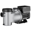 The Moov Ai 2.0 HP Variable Speed Pump 240V by Swimming Pool Discounters features a sleek metal body, large filter cap, dual pipe ports, and an integrated control box for efficient, customizable pool circulation.