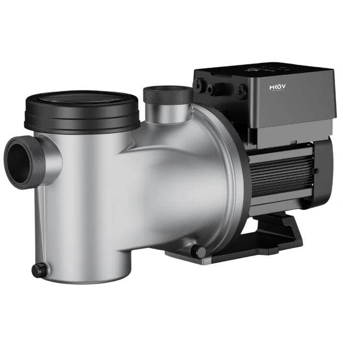 The Moov Ai 1.25 HP Variable Speed Pump Dual Voltage by Swimming Pool Discounters features a silver and black cylindrical body, large intake/output ports, and a black rectangular motor housing on a sturdy base.