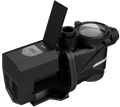 The Swimming Pool Discounters Moov 1.25HP VSP Dual Voltage is a black, ultra-quiet variable speed pool pump with a digital control panel, large motor housing, and clear strainer lid for efficient, energy-saving water circulation.