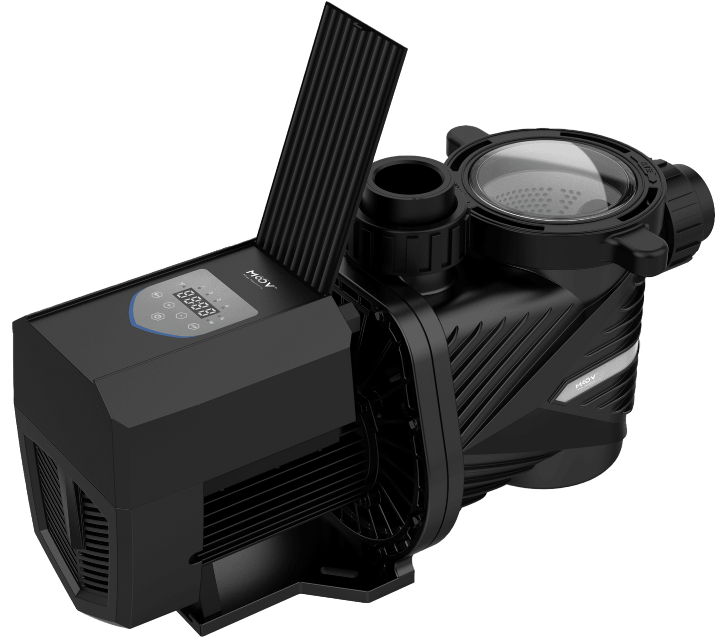 The Swimming Pool Discounters Moov 1.25HP VSP Dual Voltage is a black, ultra-quiet variable speed pool pump with a digital control panel, large motor housing, and clear strainer lid for efficient, energy-saving water circulation.