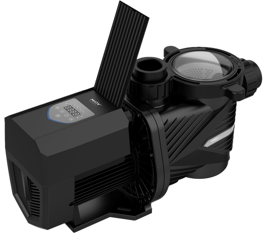 The Swimming Pool Discounters Moov 1.25HP VSP Dual Voltage is a black, ultra-quiet variable speed pool pump with a digital control panel, large motor housing, and clear strainer lid for efficient, energy-saving water circulation.