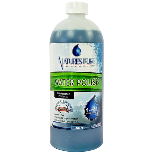 A 1 qt bottle of Swimming Pool Discounters’ Natures Pure Water Polish features blue liquid and a label promoting it as a 4-in-1 pool water clarifier that removes oils, metals, and organic matter for crystal clear water.