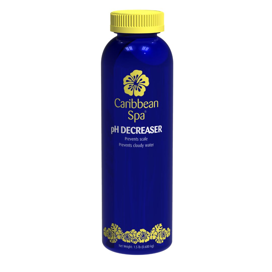A blue bottle with a yellow cap labeled SPD Caribbean Spa pH Decreaser features a yellow hibiscus design and highlights scale prevention and water comfort, helping to keep your water clear and inviting.