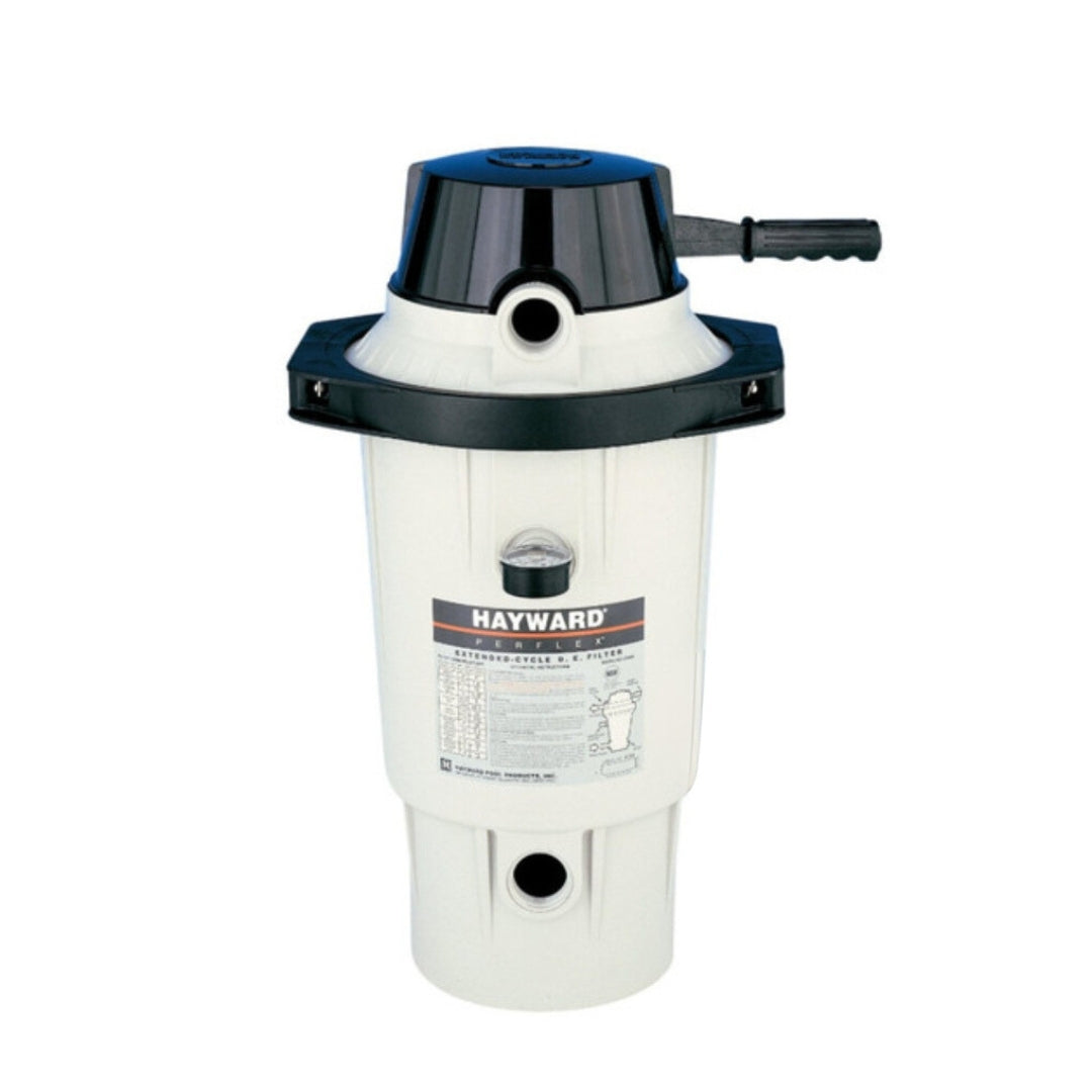A white SPD Perflex EC 40 DE Filter with a black lid, top handle, and two water pipe openings. The label displays product details and a diagram.