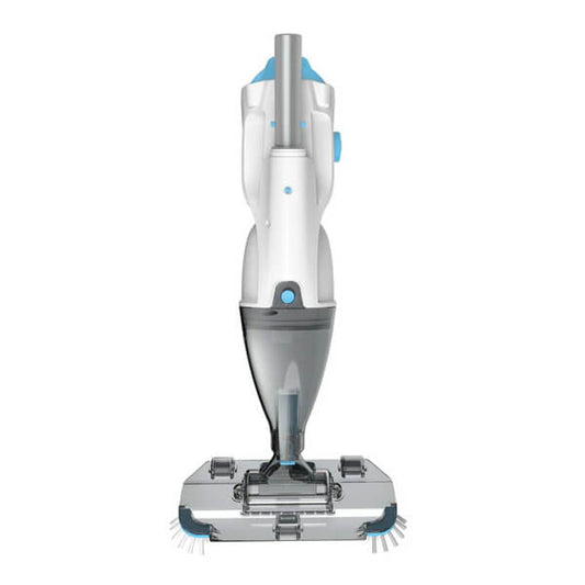The BWT PK Swift Cordless Cleaner by Swimming Pool Discounters is a white and gray upright vacuum with blue accents, a transparent large-capacity dustbin, and a rectangular head featuring side brushes.