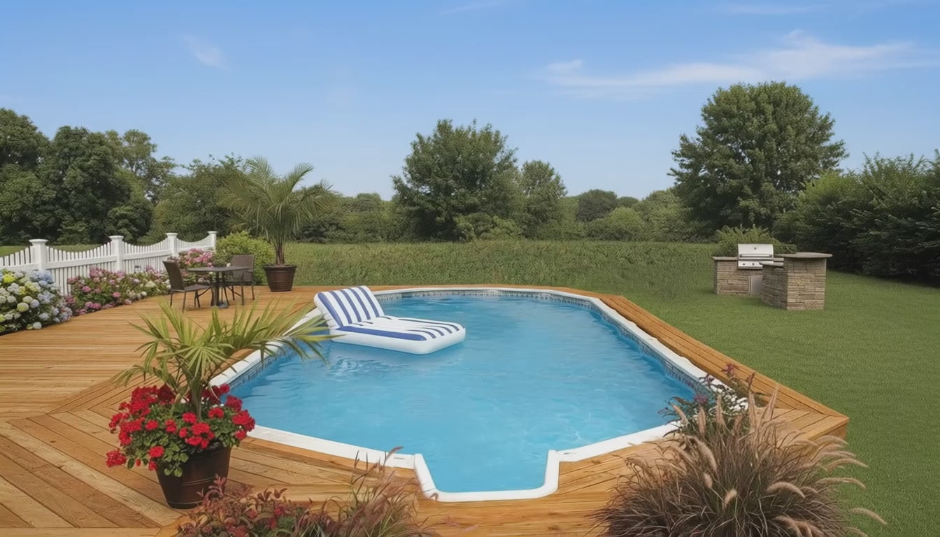 semi inground pool set in backyard with landscaping and a blue and white pool float