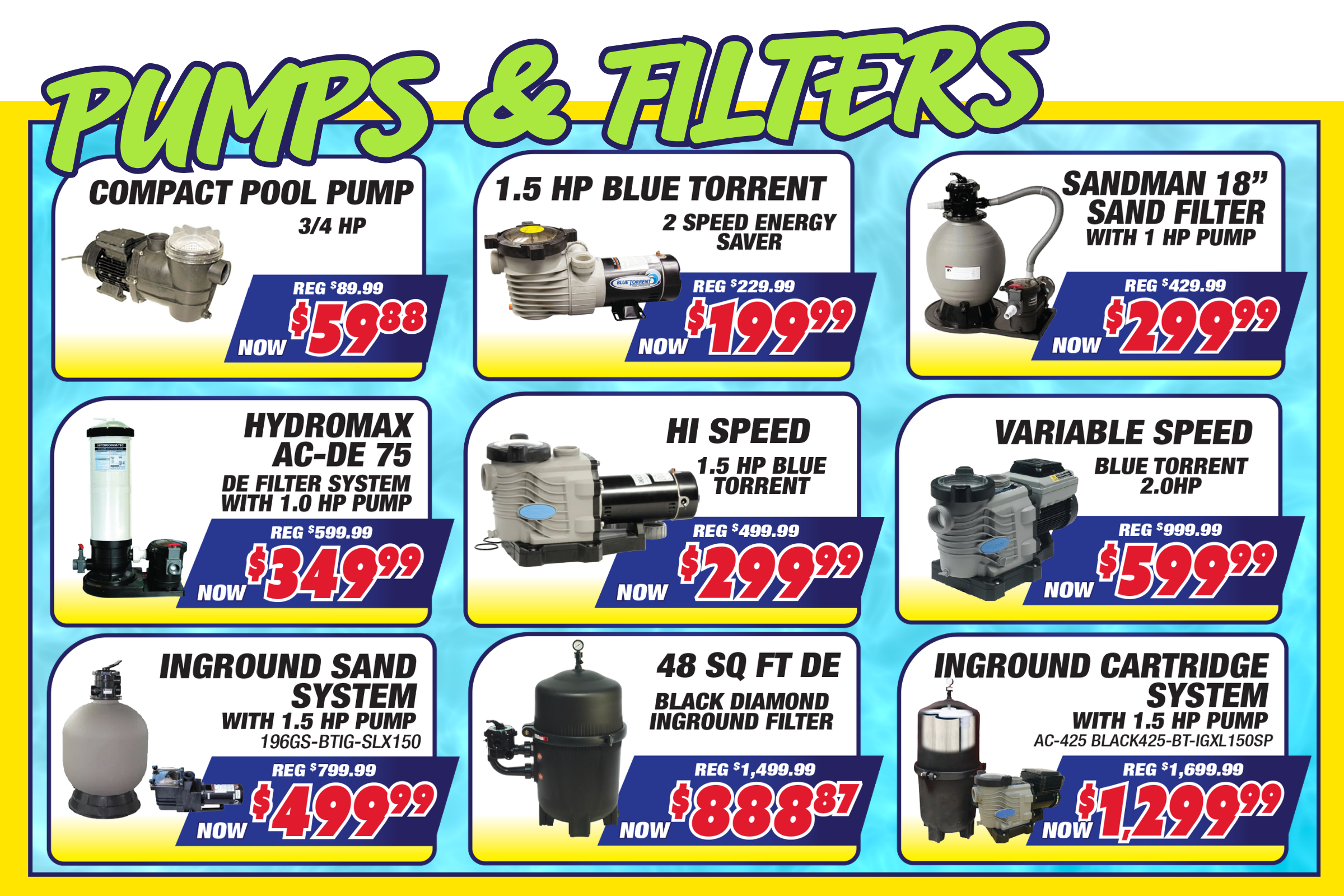A promotional catalog grid for pumps and filters, showing multiple product photos with text labels, original prices, and sale prices on a bright yellow and blue background.