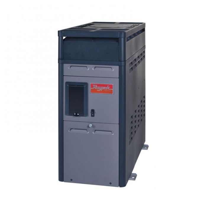 A black and gray 156,000 BTU Raypak Natural Gas Heater from Swimming Pool Discounters for above-ground pools, featuring a rectangular shape, front control panel, side vents, and bold logo—displayed on a plain white background.