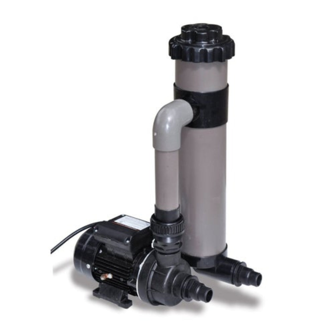 The SwimmingPoolDiscounters Small Pool Cartridge Filter System, featuring a black and gray pump motor, vertical pool cartridge filter, plastic pipes, and power cord—ideal for aboveground pools—is shown on a white background.