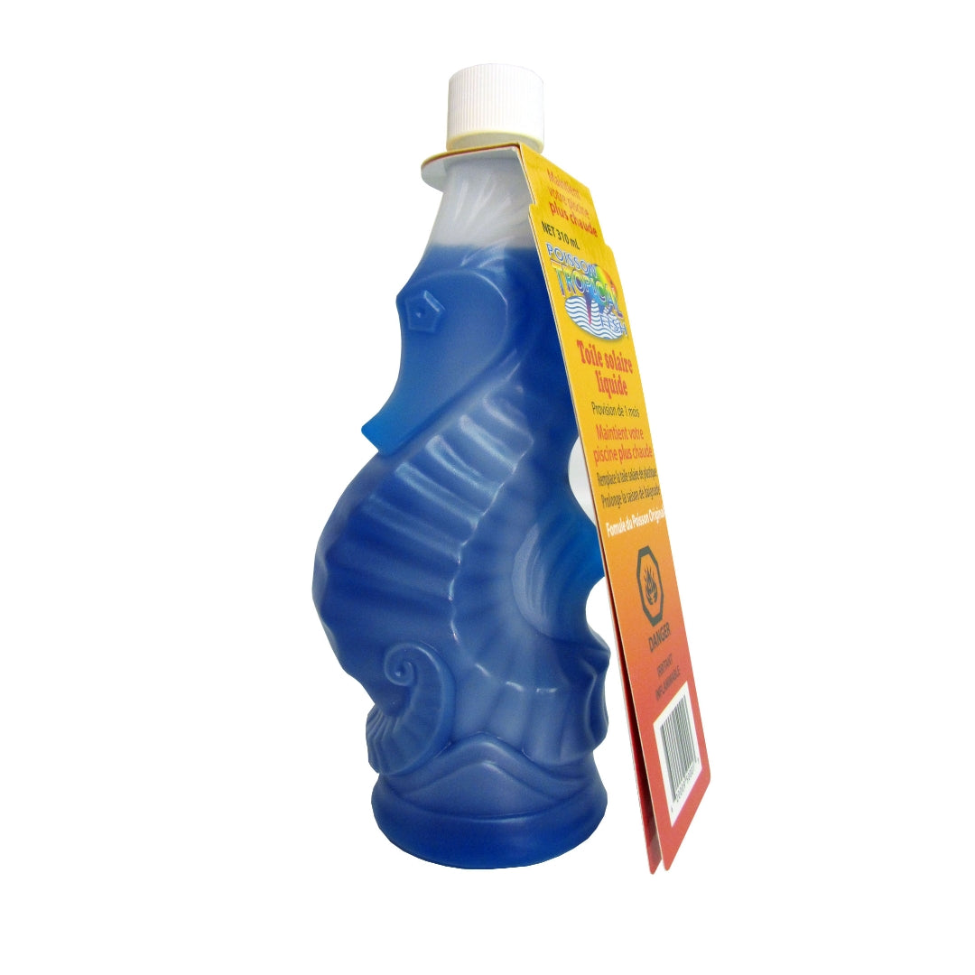 The SPD Solar Blanket in a Bottle is a blue plastic, seahorse-shaped bottle with a white cap and orange neck label, designed to prevent pool heat loss using an eco-friendly pool chemical.