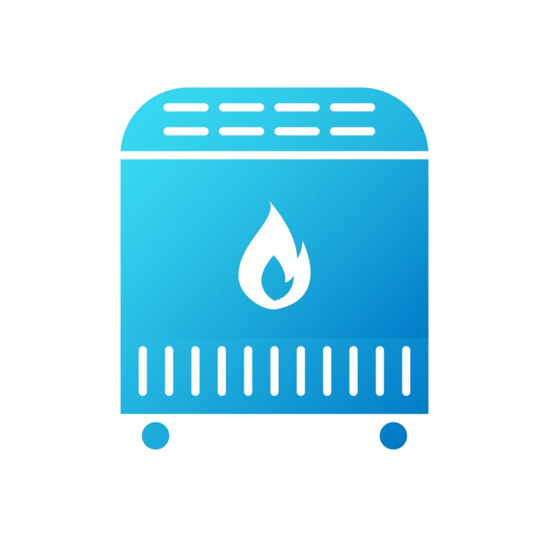 Blue gradient icon of the 125,000 BTU Swimming Pool Gas Heater by Swimming Pool Discounters, featuring a flame symbol, vent slots top and bottom, and small wheels at the base on a white background.