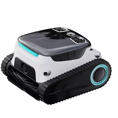 The SPD Aiper Scuba N1 Max is a compact, modern pool cleaning robot featuring black treads, a sleek white and gray body with turquoise accents, vent-like top features, and advanced infrared sensors for precise navigation.