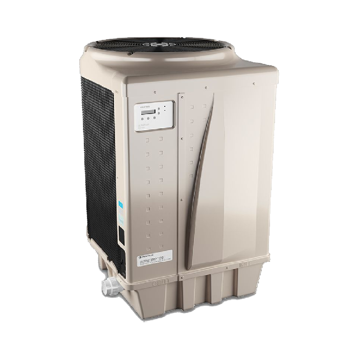 The Pentair Ultratemp 140 Pool Heat Pump (140,000 BTU) by Swimming Pool Discounters is a tan outdoor unit with control panel, ventilation grilles, bottom drainage spout, and an ultra quiet scroll compressor. Shown on a plain white background.