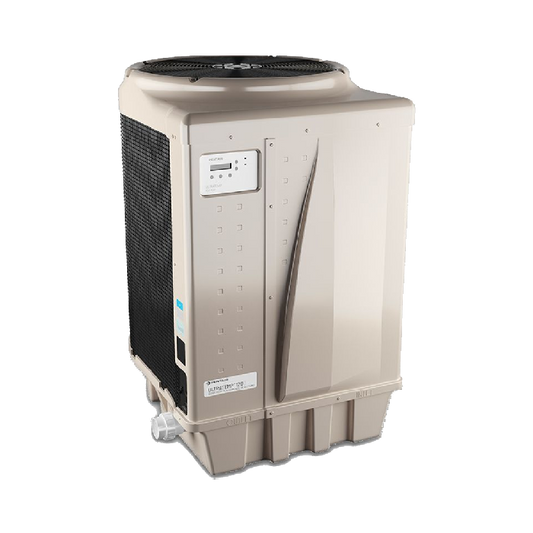 The Pentair Ultratemp 140 Pool Heat Pump (140,000 BTU) by Swimming Pool Discounters is a tan outdoor unit with control panel, ventilation grilles, bottom drainage spout, and an ultra quiet scroll compressor. Shown on a plain white background.