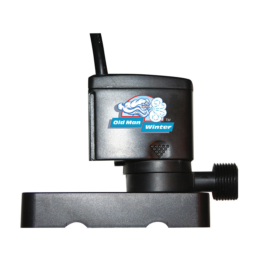 A black SPD 150 GPH Cover Pump with cord, a label of an elderly man blowing wind, "Old Man Winter," and a side threaded outlet. The wide, flat base features two notches.