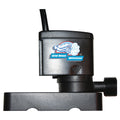 The SPD Old Man Winter 350 GPH cover pump is black, features an illustration of an elderly man blowing wind, and includes a top cord and side outlet pipe, shown against a white background.