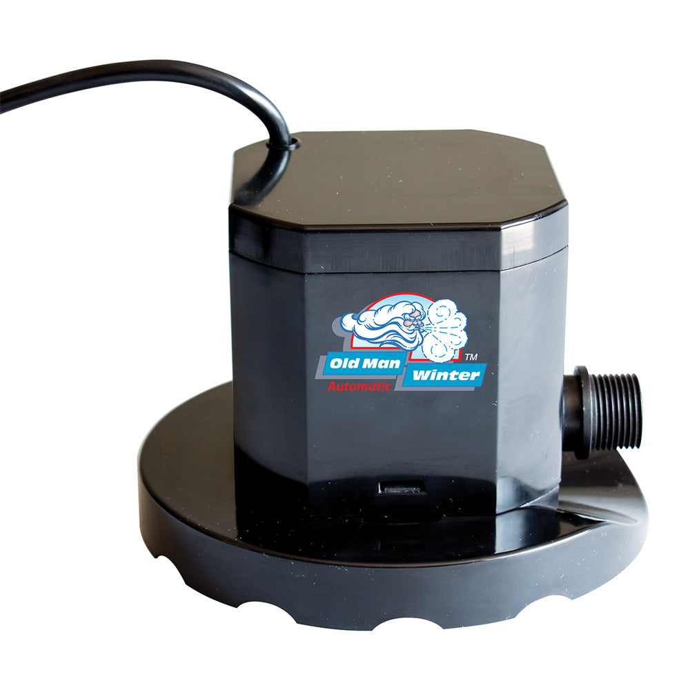 A black SPD Old Man Winter Automatic Shut-off 800 GPH Cover Pump with a round base, cord, threaded side outlet, and wind-blowing face graphic is shown.