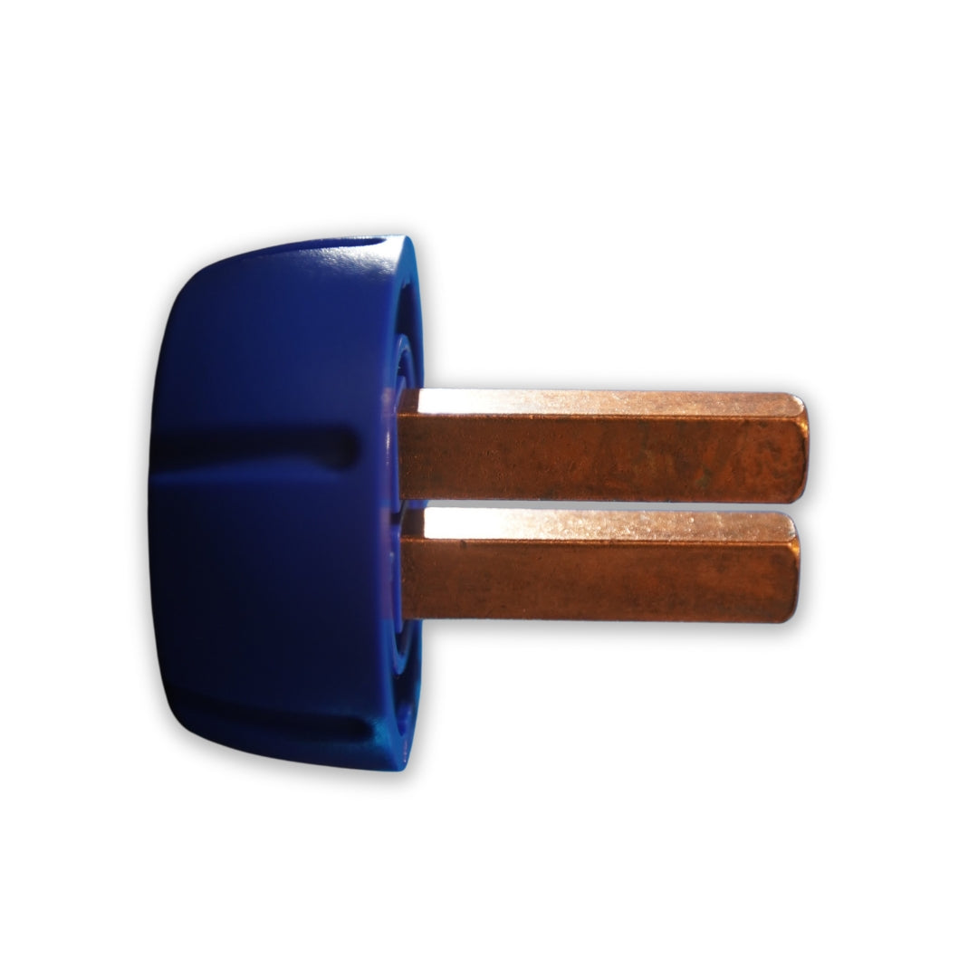 The SPD Aruba Blue Replacement Chamber/Element features a blue plastic cap with two parallel copper prongs, ideal for pool ionizers in mineral pools, shown isolated on a white background.