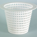 A white, round SPD Extra Deep Skimmer Basket for the Hydromatic Pre-Filter System features a grid design and two flat handles, shown on a light blue background.