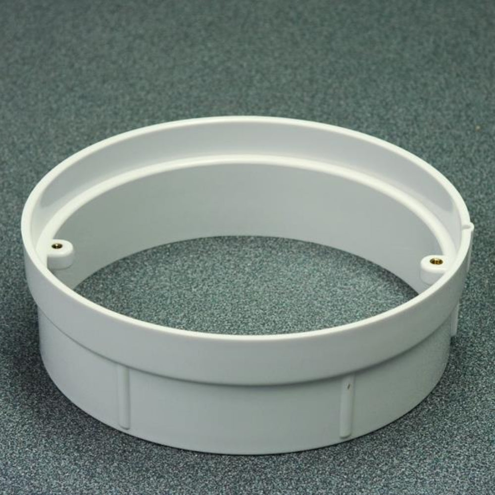 The SPD Skimmer Extension Collar is a white plastic circular duct adapter with two visible screw holes, shown on a speckled grey surface.