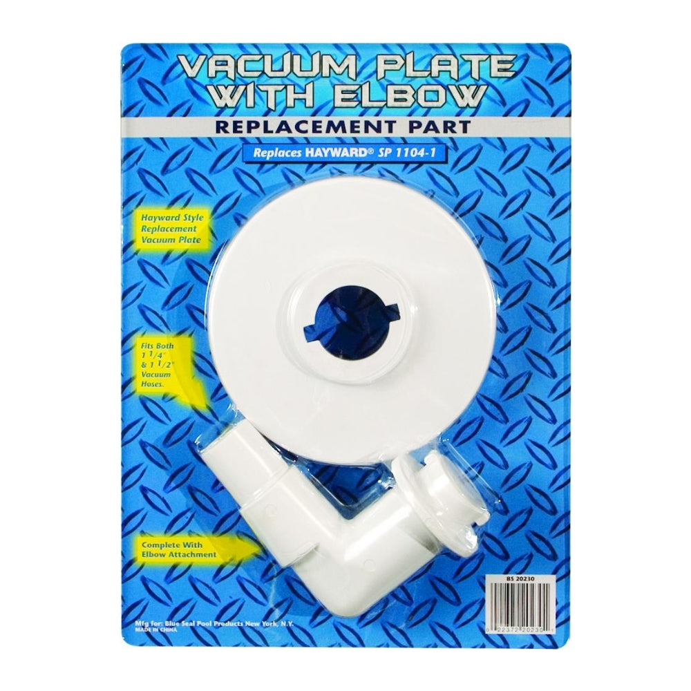 A packaged SPD Vacuum Plate with Elbow, Hayward #SP 1104-1, for above-ground pools is shown against a blue background. Fits 1-1/2" and 2" skimmers; advertised as a replacement vacuum plate.
